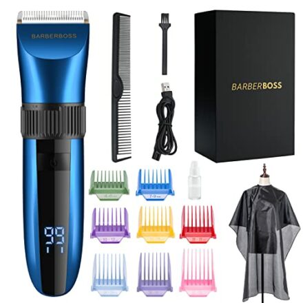 BarberBoss Kabelloser, selbstschärfender Bart- und Haarschneider, wasserdicht, mit Keramikklingen, LED-Display, schnelles Aufladen und 8 farbigen Kamm-Aufsätzen QR-2082  
